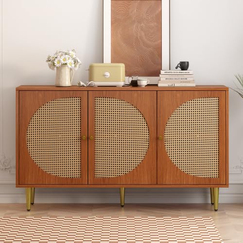 Merax Sideboard – 129.8 cm Kommode mit 3 Rattantüren, Walnuss-Design, Verstellbare Regale, Modernes Aufbewahrungsmöbel für Wohnzimmer, Küche oder Flur