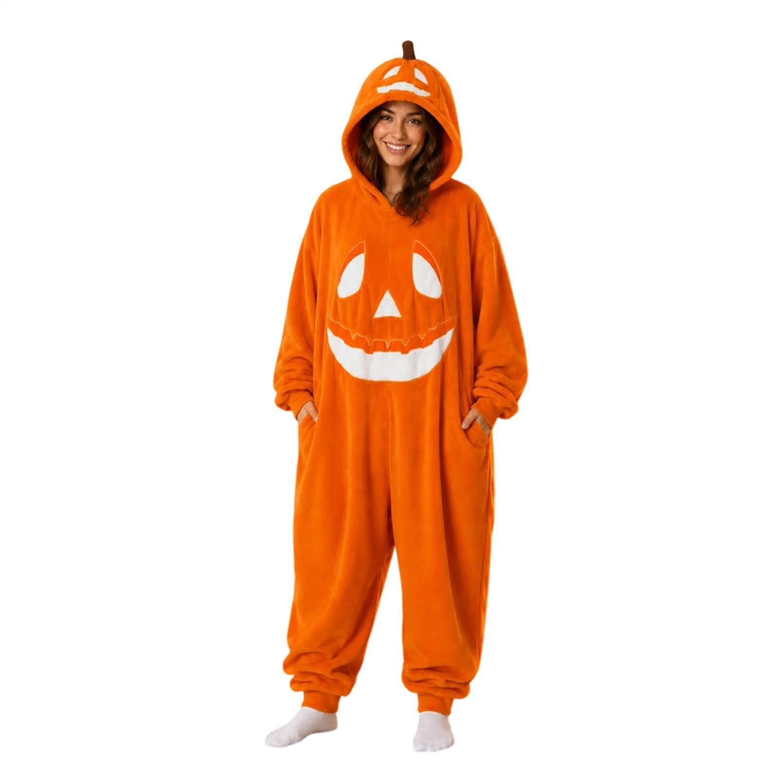 Kostiumy na Halloween dla dorosłych, miękka, pomarańczowa, unisex, odzież domowa z kapturem | Halloweenowy kombinezon z dynią na imprezę cosplay domowy koncert karnawał rodzina pary