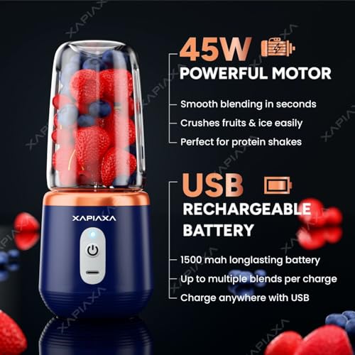 Image of Xapiaxa Portable Blender USB Rechargeable Smoothie Maker with 6 Stainless Steel Blades, 3-Speed Electric Juicer, 1500mAh Battery Personal Mini Mixer Cup for Home, Travel & Gym (Multicolor)