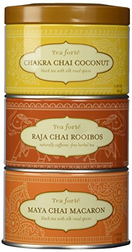 Tea Forte LOOSE LEAF TEA TRIO, 3 Small Tea Tins, Chai Tea Sampler - Chakra Chai Coconut, Raja Chai Rooibos, Maya Chai Macaron