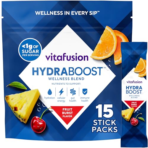 Vitafusion Hydraboost Drink Powder Packets, Electrolytes Support Daily Hydration, Vitamins Support Cellular Energy & Immune Health, Prebiotic Fiber Supports Gut Health, Fruit Burst, 15 Sticks - image 1
