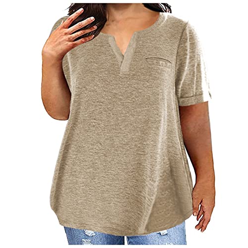 Tops For Women 2023, Ladies Top V Neck Fashion Solid Color Short Sleeve Pocket Loose T Shirt Silk Tank Tops For Women(Khaki,4X-Large) #TOP9