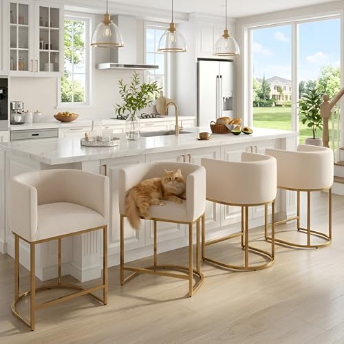 Image of HNY Modern Counter Height Linen Cream Fabric Upholstered Counter Stool Set of 4, 24 Inch Kitchen Island Stool with Gold Metal Frame