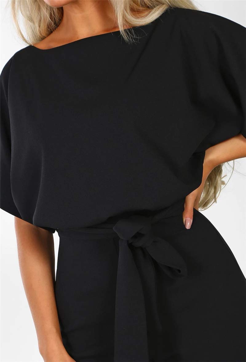 Walant Femmes Combinaison Manches Courtes Col Rond Couleur Unie Barboteuse Jumpsuit D'été Chic Élégant Slim Pantalon Loose Casual Combishort avec Ceinture