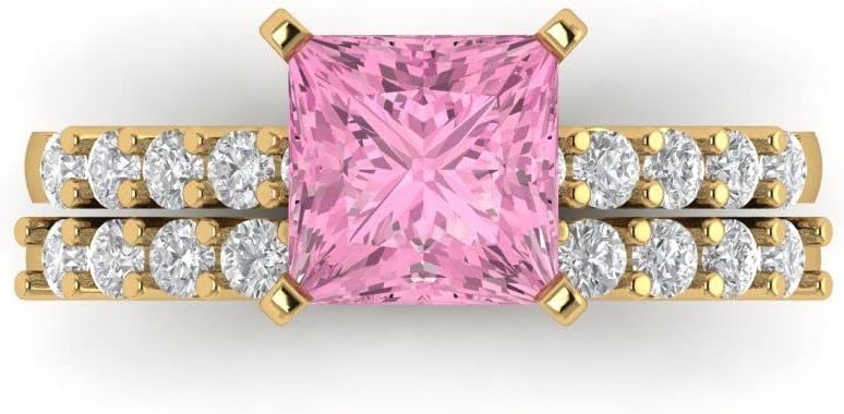 Clara Pucci 14K Yellow Gold Bridal Set for Women Simulated Pink Diamond Solitaire with Accents 2.63 carats Princess Cut Birthstone Statement Ring Gift for Her Sizes 3.5 to 11