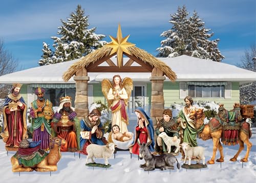 Geelin 15 Pcs Large Metal Outdoor Nativity Scene Set 3.94ft Nativity Yard Sign with Stakes Waterproof Holy Family Jesus Birth Manger Scene for Yards Lawn Garden Church Party Decor