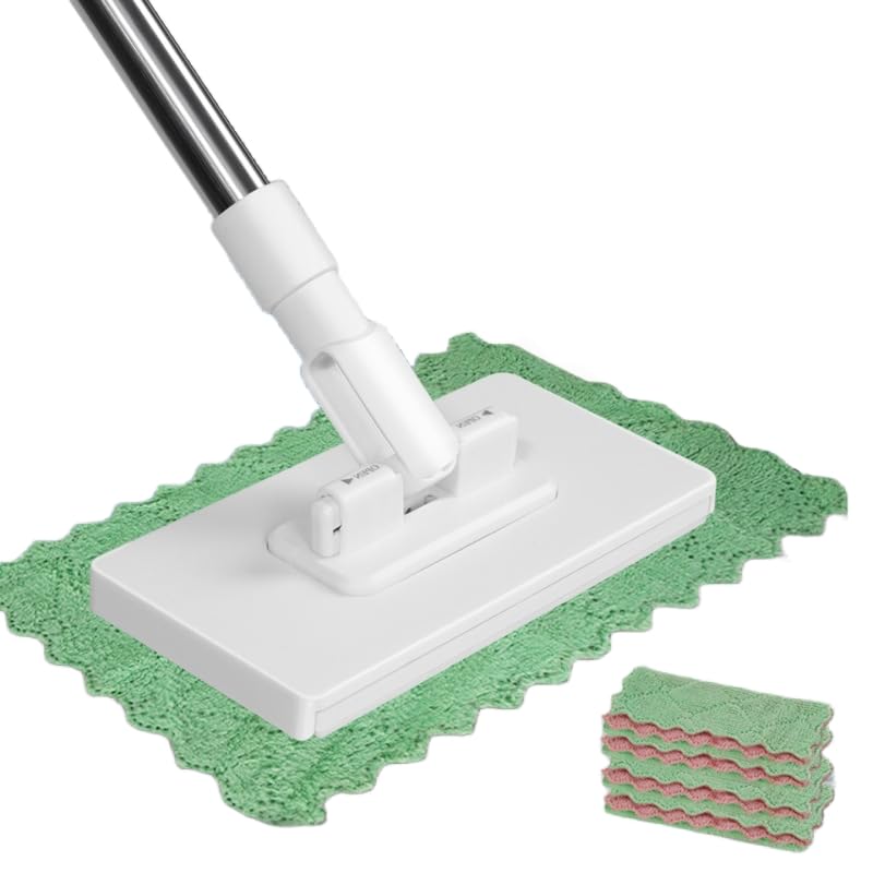 Mopa desechable con almohadillas reutilizables de 1/4, con almohadillas desechables, mopa plana con almohadillas desechables, mopa de polvo con mango, multiuso (1 fregona + 4 paños)