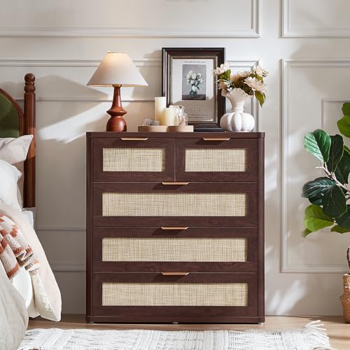 Image of LEYAOYAO Dresser for Bedroom Set of 2, 33.5 inch Tall Chest of Drawers, Modern 5 Drawers Boho Rattan Dressers with Storage, Dresser Wooden Closet Organizer for Living Room, Hallway