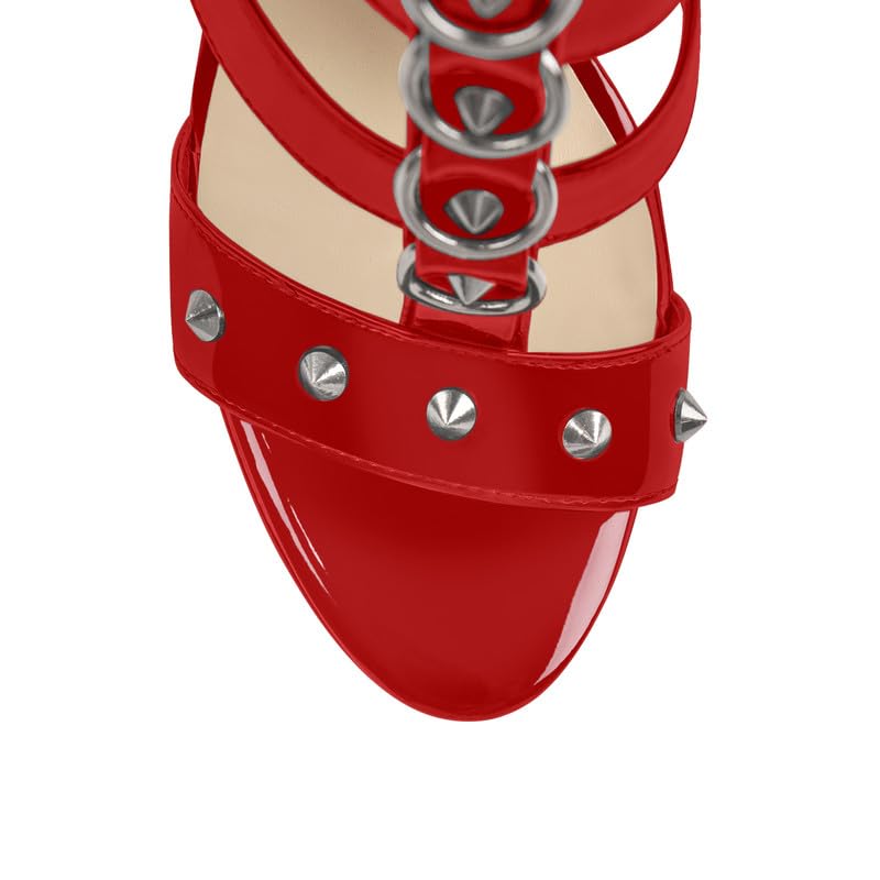 Only maker Sandali da donna effetto laccato, con tacco a T nero, con borchie
