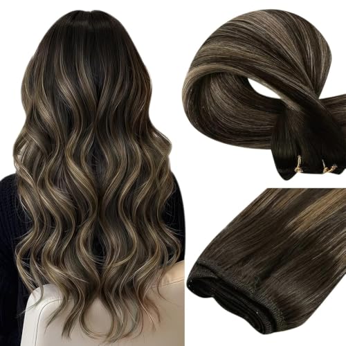 Image of Easyouth Sew in Hair Extensions Real Human Hair Balayage Weft Hair Extensions Remy Hair Balayage Darkest Brown Mixed with Light Brown Hair Extension Sew in for Short Straight Hair 12 Inch 70G