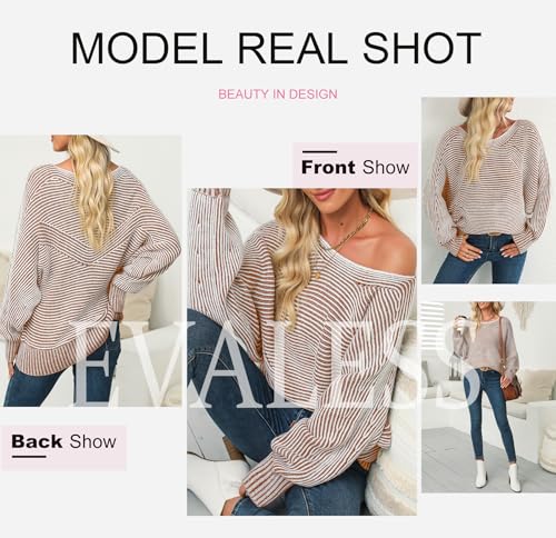 Image of EVALESS Striped Sweaters for Women Boat Neck Batwing Sleeve Oversized Pullover Sweater Tops Womens Fall Clothes Outfits