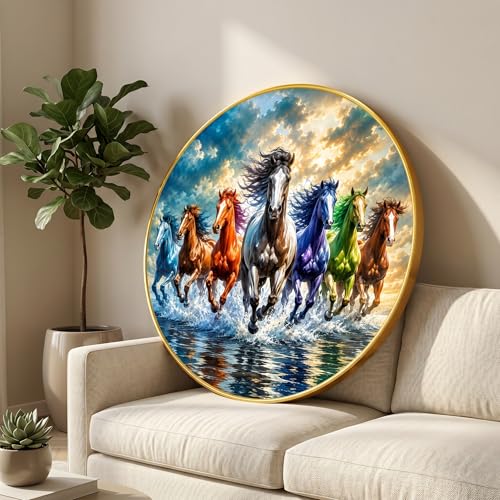 Image of SAF 7 Horse Vastu Round Wall Painting with Premium PVC Golden Frame, Colorful Running Horses Water Splash Art for Living Room Office Home Decor Gift (23 x 23 Inch) GR-446
