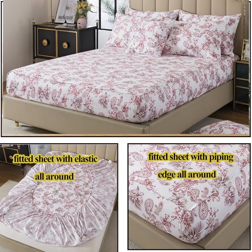 Image of FADFAY Twin XL College Bedding Red Paisley Sheets Extra Long Dorm Room Essential Bedding 100% Egyptian Cotton Soft Breathable Sheets Exotic Tropical Floral French Country Vintage Farmhouse Sheet 4Pcs