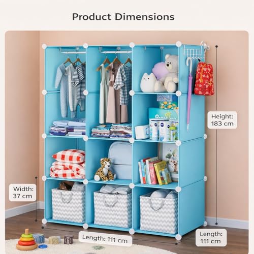 Image of Mevigo Foldable Plastic Wardrobe for Clothes - 12- Door Baby Cupboard for Clothes Storage, Wardrobe for Kids, Plastic Almirah, Collapsible Wardrobe for Kids Livingroom & Home (Blue-KTF1, 12- Door)