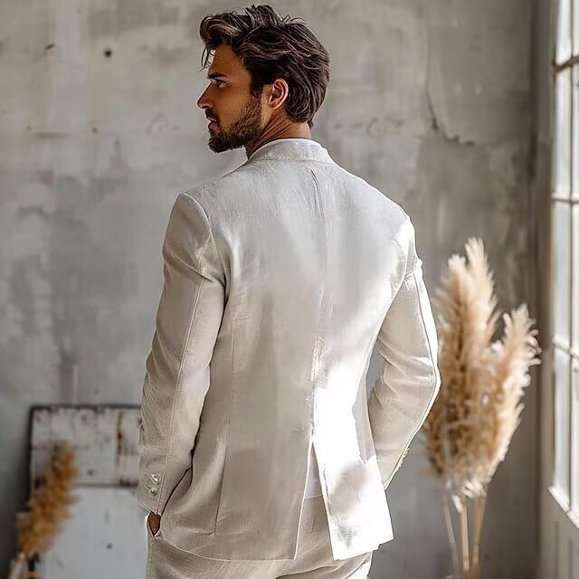 Mens Linen Suit Jacket Slim Fit Lightweight Casual Beach Wedding Summer Grooms 2 Button Solid Notch Lapel Blazer3