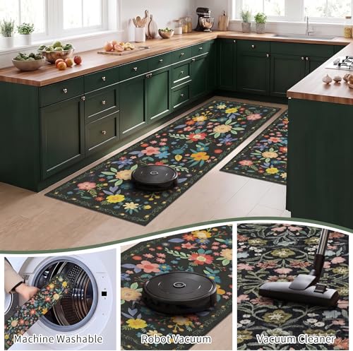 Image of ishro home Premium Kitchen mats for Floor Anti Slip | Machine-Washable |Waterproof| 2 Pcs Set| (18 x 55 + 18 x28 inches) (Victorian Flora)