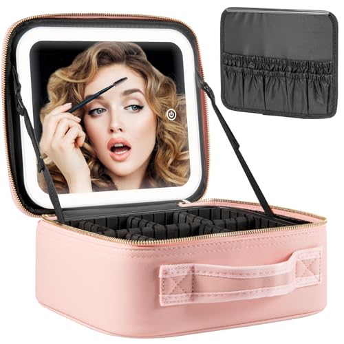 Image of Extrei Gent Makeup Travel Train Case With Mirror Led Light 3 Adjustable Brightness Cosmetic Bag Portable Storage Adjustable Partition Makeup Jewelry Gift For Women, Pink