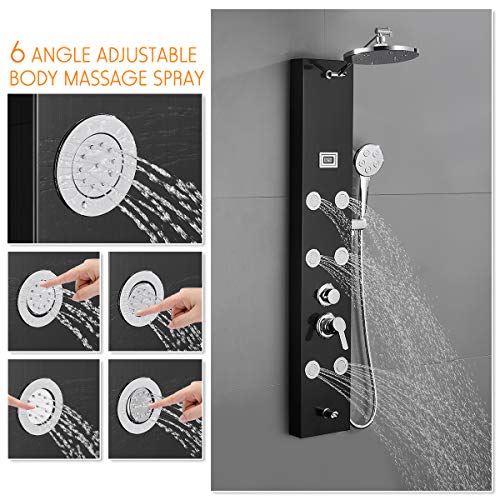 ROVATE Rainfall Shower Panel Tower Modern 304 Stainless Steel, Shower Tower with 9-inch Round Shower, 6 Body Massage jets and Tube Spout, Multi-Function Shower Column with Temperature Dispaly