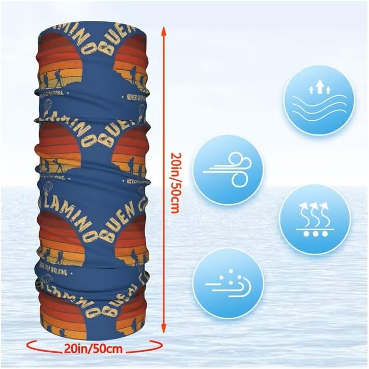 Jakobsweg Sunset Camino Multifunctional Scarf Blue Tubular Scarf with Silhouette for Hikers, Seamless Bandana, 50 x 50 cm