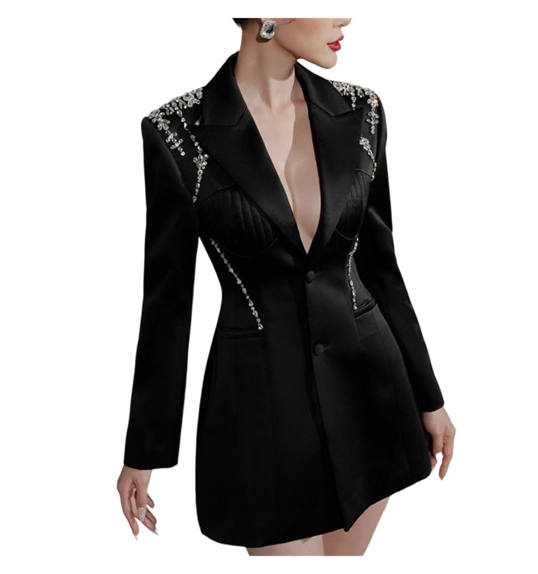 Womens Winter Deep V-Neck Slim Black Mid-Waist Diamond A- Line Blazer Coat