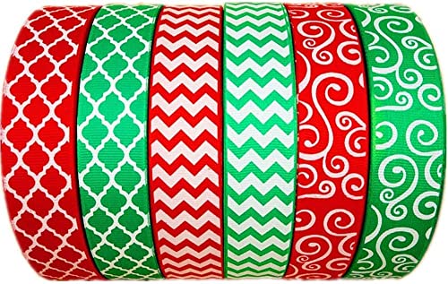 Christmas Ribbon 30 Yards(6 X 5yds) 1 Inch Red Green Grosgrain Ribbon Chevron Swirl Quatrefoil Printed