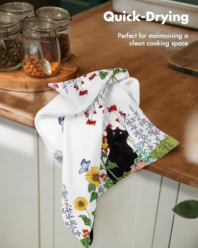 Image of Miss Adola 2pcs Waffle Kitchen Towels - 16x26 Inch Cotton Waffle Weave Dish Cloths Set of 2 with Hanging Loop Absorbent Hand Tea Towels Cute Design for Housewarming Gift, Cat in Flowers