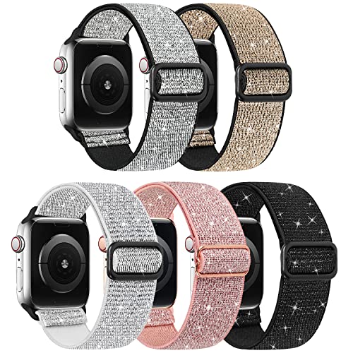 Image of 5 PACK Nylon Elastic Band Compatible with Apple Watch Bands 38MM 40MM 41MM 42MM 44MM 45MM for Women Men,Bold Adjustment Buckle iWatch Band for Series 8 /7 /6 /5 /4 /3 /2 /1 /SE