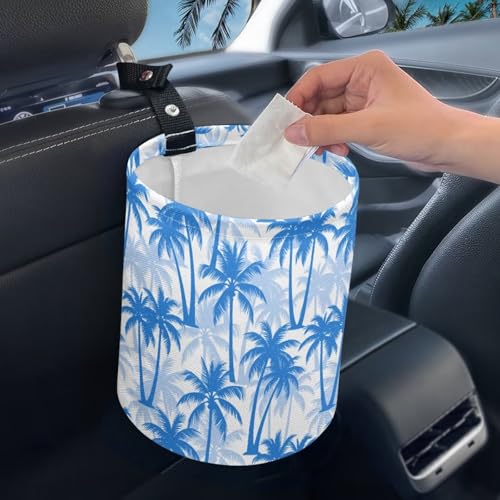Image of Blue Palm Tree Car Trash Can Foldable Hanging Portable Dustbin Bin for Back Seat, Front Console, Floor, or Hanging Headrest Waste Basket