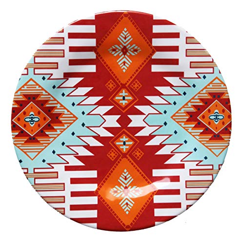 Image of Paseo Road Southwest 14 Piece Melamine Plastic Dinnerware Set with Plates, Bowls and Serving Platter, Aztec Geometric Pattern, Western Southwestern Rustic Cabin Lodge Style
