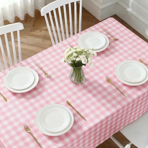 Image of Oigco Pink Gingham Tablecloth - 3 Pack 54 inch x 108 inch Rectangle Disposable Pink and White Checkered Tablecloth, Picnic Table Cover for Party, Wedding, Birthday