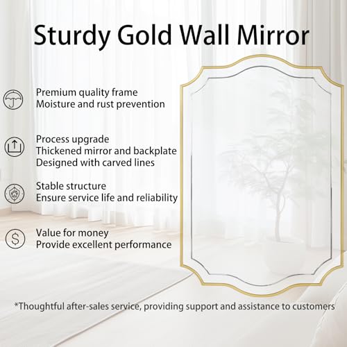 Image of POZINO 36 inchx24 inch Scalloped Wall Mirror with Wood Frame, Gold Irregular Mirror
