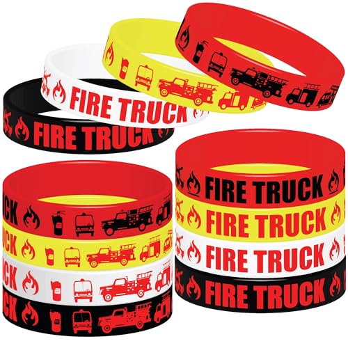 Atsmbiye 48Pcs Fire Truck Silicone Bracelets Rubber Wristbands Party Favors Fire Car Firefighter Firefighting Birthday Prizes Gifts Wedding Party Supplies Decorations