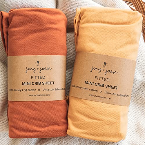 Image of Mini Portable 24x38 Fitted Crib Sheets – Compatible with Dream on Me, Delta Porta Crib and Arms Reach Ideal Cosleeper – 100% Jersey Cotton – Mustard Yellow + Burnt Orange – 2 Pack
