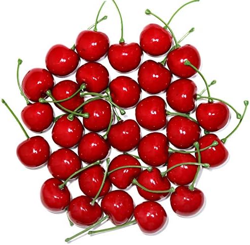 WangLaap 50Pcs Artificial Red Cherries 30mm/1.18inch Simulation Lifelike Cherry Fake Fruit for Home Kitchen Dining Decoration (Red)