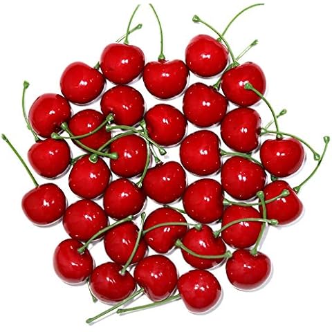 WangLaap 50Pcs Red Black Artificial Cherries 30mm/1.18inch Simulation Lifelike Cherry Fake Fruit for Home Kitchen Dining Decoration (Red) Cover
