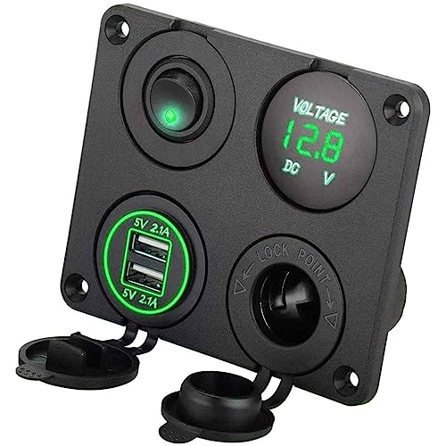 Panel de enchufes 4 en 1, Incluye 2x cargador USB + Toma de Corriente cigarrillos 12V + Voltímetro de LED + Interruptor ON/OFF, Panel multifuncional vehículos, Panel control 4 en 1, verde