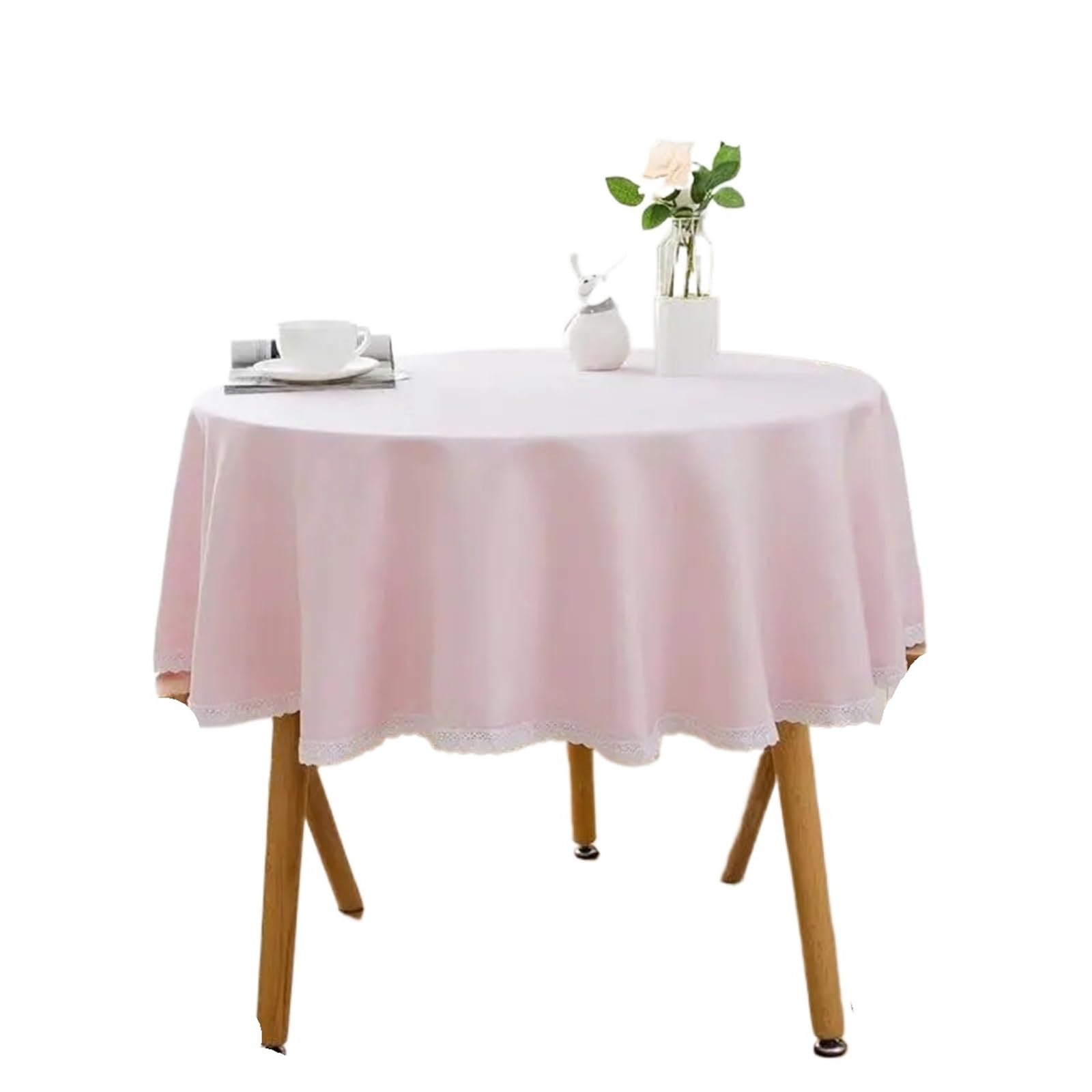 ZHSOAO Solid Color Round Tablecloth With Lace Cotton Linen Table Cloth Wedding Dining Tea Decoration Cover for Cafe(Pink,140cm)