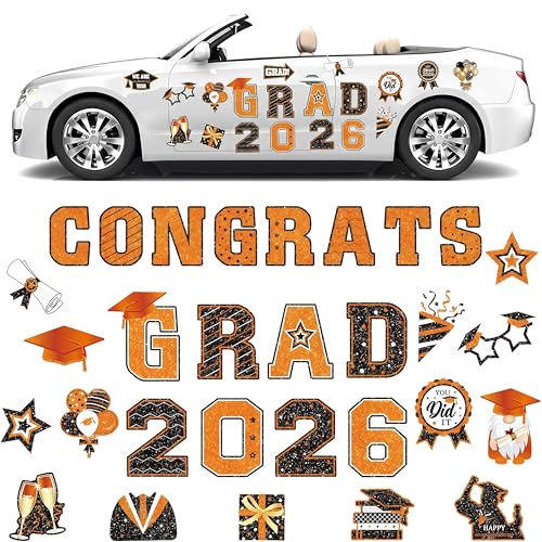 Image of Landhoow 30 Pcs Graduation Car Magnets 2026 Senior Graduation Car Decoration Bumper Sticker Congrats Grad Magnet Magnetic Refrigerator Decal for Grad Parade Party Supplies(Orange, Black)