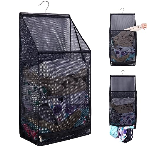 Hanging Collapsible Breathable Mesh laundry bags,Fast Drying Portable Space Saving Laundry Hamper for dorm,Rv Laundry Hamper Storage (Black)