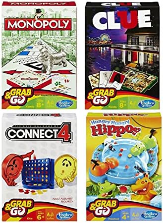 Hasbro Family Grab and Go Variety Pack Bundle: Clue, Monopoly, Connect 4 and Hungry Hungry Hippos Travel sized Board Games (4 Items)