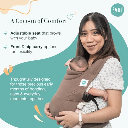 Image of Soulslings Tanu Baby Carrier Shore | Stretchy Baby Carrier for New Born & 0 to 1 Year Baby | Soft Cotton Belt with Ergonomic M Position | Adjustable Infant Carrier with Front & Hip Carry (3-10 Kgs)