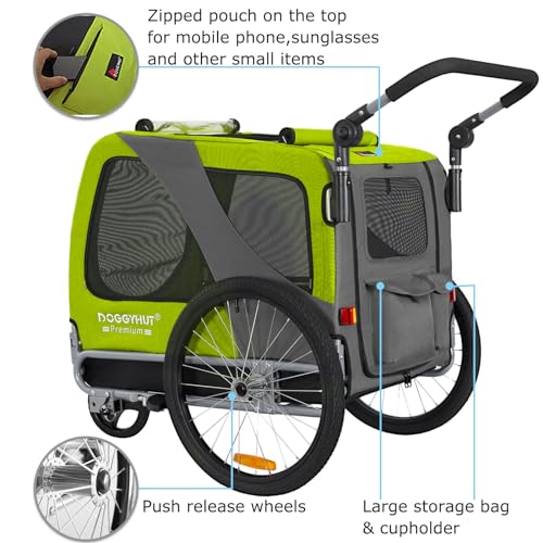 DOGGYHUT® Premium Large 2 in 1 Hunde fahrradanhänger & Hundebuggy Jogger Hundeanhänger groß ca. 270 Liter Volumen für mittelgroße und große Hunde bis 35 kg