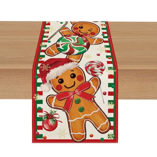 Chemin de Table de Noël, Nappe de Dîner de Noel 33 x 183cm, Décoration de Table Festive avec Bonhomme en Pain d'épice Flocons de Neige Canne de Bonbons...