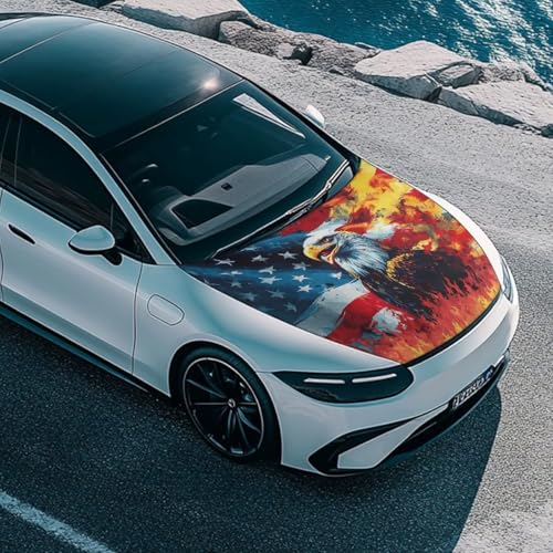 Image of USA Flag Eagle Flame Car Hood Cover for Compact Car SUV Truck Minivan, 59x39 Inch Stretchable Patriotic Decorations Waterproof Automotive Exterior Accessories