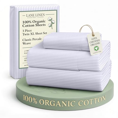 Image of LANE LINEN 100% Organic Cotton Twin XL Sheets Set 3-Piece Pure Percale Bedsheets Bedding Breathable Fits Mattress Upto 15 inch Deep - Blue Ticking Stripe