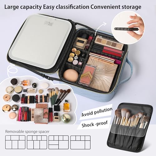 Portable Travel Makeup Bag with Mirror and Light - 3 Colors,Adjustable Brightness Spacious Cosmetic Organizer,Mermaid Shine Blue4