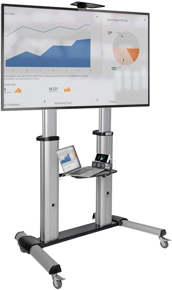 Tripp Lite Mobile TV Stand with Mount, for LED/OLED/LCD Flat Screen Monitors, 60” – 100” Televisions, Shelf & Locking Wheels, Silver, 5-Year Warranty (DMCS60100XX)