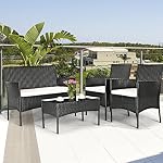 HAPPYGRILL 4PCS Patio Furniture Set Rattan Wicker Conversation Set Outdoor Patio Table Chair Set Wicker Sofas and Coffee Table Set for Garden Lawn Poolside