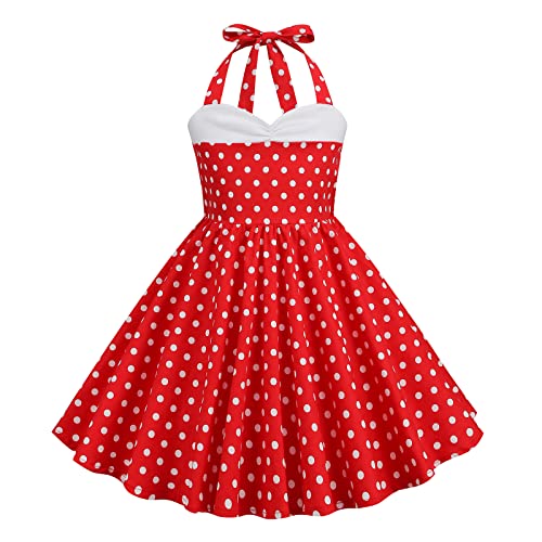 Girls Halter Vintage Polka Dot Dress 1950S Audrey Hepburn Dress Kids 50S Style Dress Wedding Prom Tea Party Rockabilly Cocktail Swing Dress Retro Sleeveless Summer Casual Dress Red-Halter 9-10 Years #TOP18