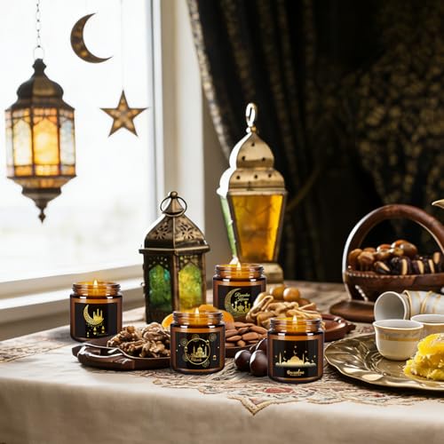12 Pcs Ramadan Mubarak Scented Candle Set - Eid Candles for Home Decor, Aromatherapy Islamic Gifts for Women & Family, Mosque-Inspired Jar with Islamic Lanterns & Stars, Brown Soy Wax by Aamdkcyu - Image 8